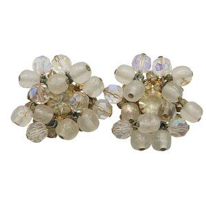 Vintage Clip On Cluster Cha Cha Earrings White Iridescent Frosted Beads